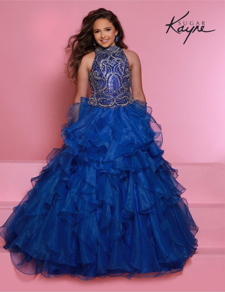 Johnathan Kayne C326 dress, Sugar Kayne children's pageant gown, little girl formal gown with beaded halter, sleeveless organza ballgown for kids, designer pageant dresses for children, kids' pageant dresses 2025, elegant little girl evening gowns, girls’ special occasion dresses, children's stage wear for competitions, royal blue little girl pageant dress, royal blue children's ballgown, royal blue halter neckline gown, royal blue beaded bodice dress, royal blue Sugar Kayne pageant gown, beaded children's ballgown, beaded ballgown